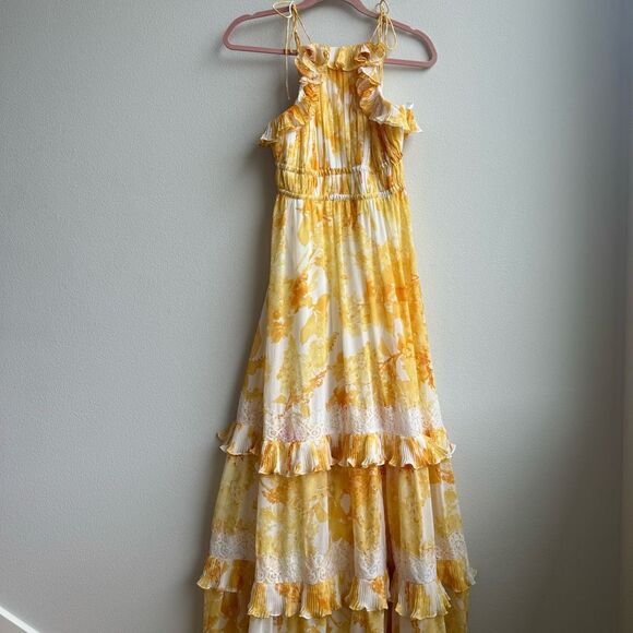 BHLDN Ava Floral Yellow Organza Halter Ruffle Midi Tier Lace Party Size Small
